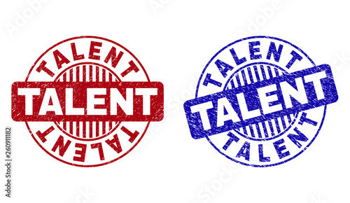 Grunge TALENT round stamp seals isolated on a white background. Round seals with grunge texture in red and blue colors. Vector rubber imprint of TALENT title inside circle form with stripes.