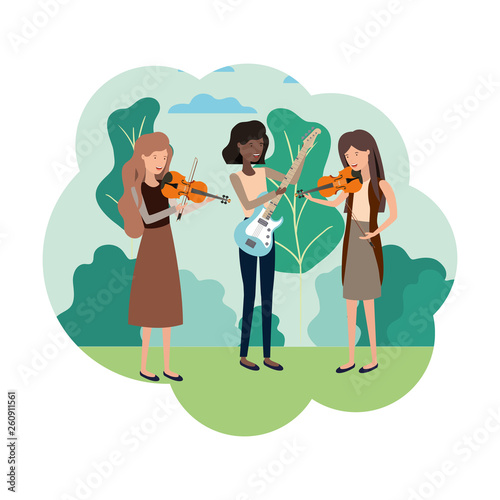women with musical instruments in landscape