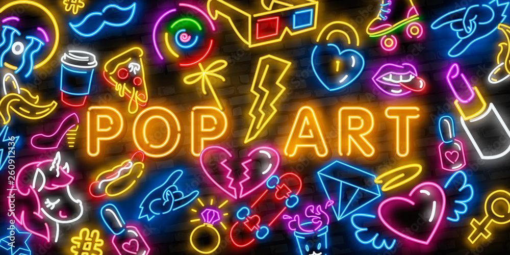 Fototapeta Pop art icons set. Pop art neon sign. Bright signboard, light banner. Neon isolated icon, emblem. Heart, diamond, pizza, smile, hand, ice cream, star, donut and unicorn vector neon icon