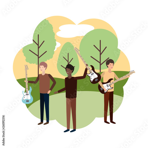 men with musical instruments in landscape