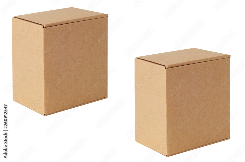 Cardboard boxes of various sizes are arranged in a row diagonally. Isolated on a white background.