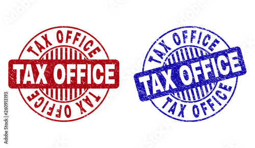 Grunge TAX OFFICE round stamp seals isolated on a white background. Round seals with grunge texture in red and blue colors. Vector rubber imprint of TAX OFFICE title inside circle form with stripes.