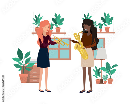 women with musical instruments in living room