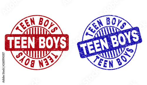 Grunge TEEN BOYS round stamp seals isolated on a white background. Round seals with distress texture in red and blue colors.