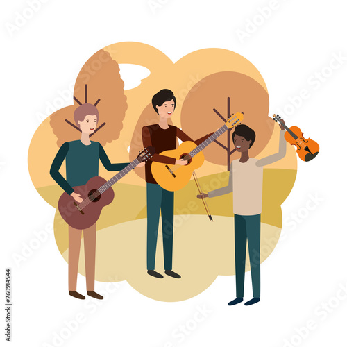 men with musical instruments in landscape