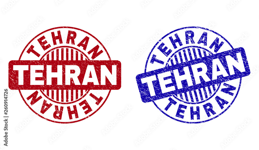 Grunge TEHRAN round stamp seals isolated on a white background. Round seals with grunge texture in red and blue colors. Vector rubber imitation of TEHRAN title inside circle form with stripes.