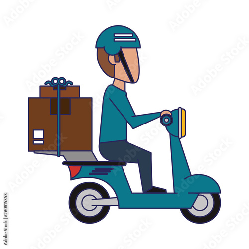 Delivery guy driving scooter with boxes blue lines