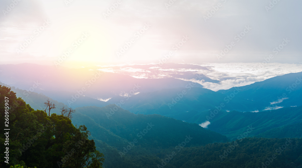 View of the mountain range and sea of mist in the morning
