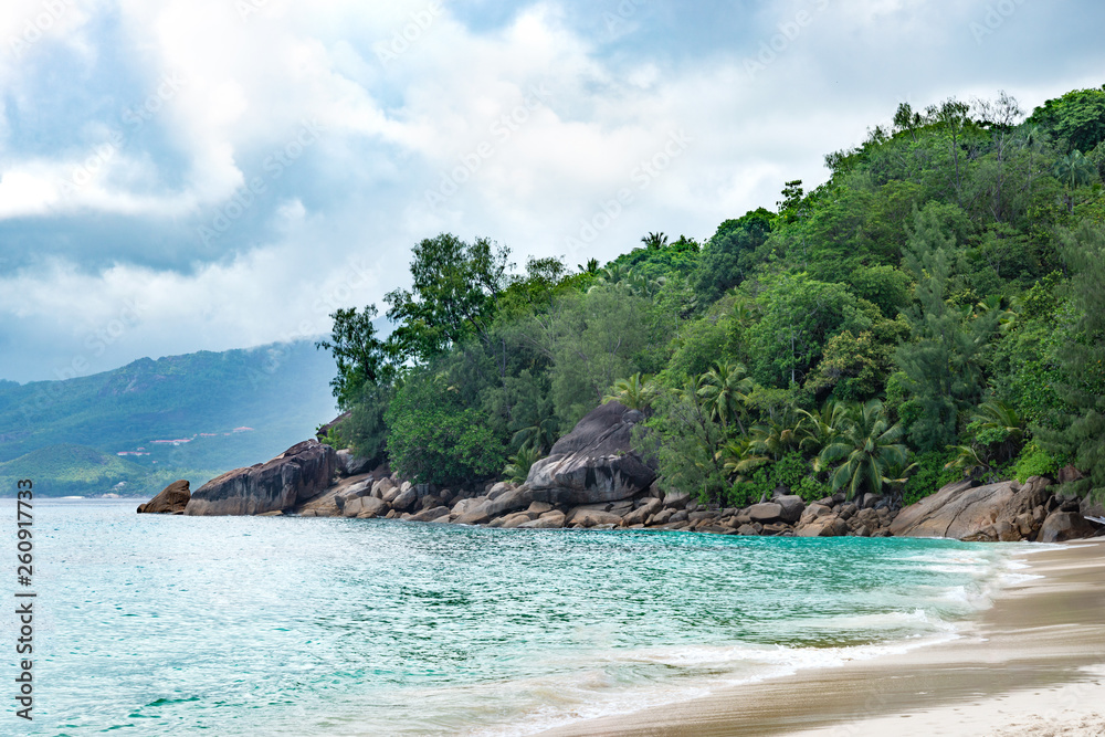 View of one of the beaches of Maya Island in the Seychelles in the Indian Ocean.