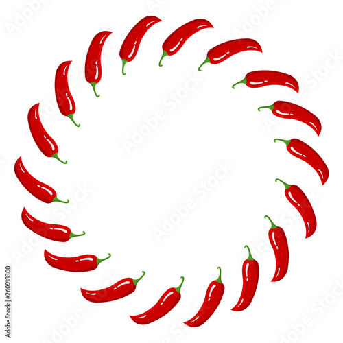 Red Chilli Pepper Wreath. Fresh Vegetables isolated on white background. Circle Frame from Pepper for Market, Recipe Design. Cartoon Flat Style. Vector illustration for Your Design, Web.