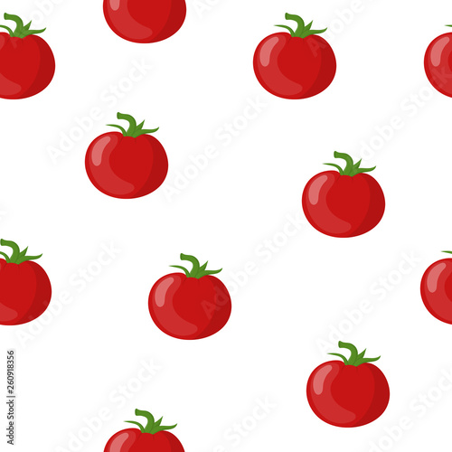 Seamless Pattern with Fresh Red Tomato Vegetable isolated on white background. Organic Food. Cartoon Flat Style. Vector illustration for Your Design, Web, Wrapping Paper, Fabric, Wallpaper.