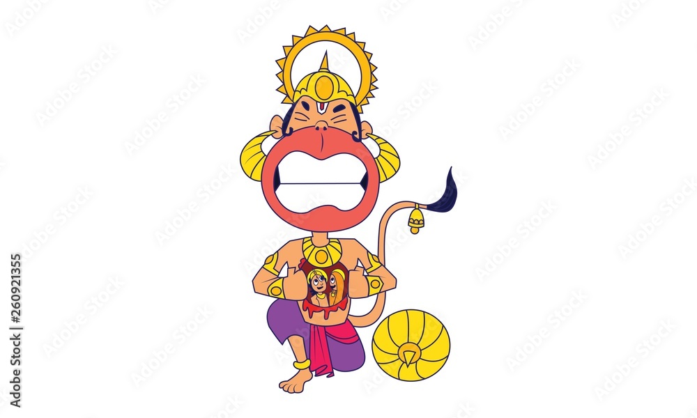 Vector cartoon illustration. Lord hanuman showing Lord Rama-Sita in heart .  Isolated on white background Stock Vector | Adobe Stock