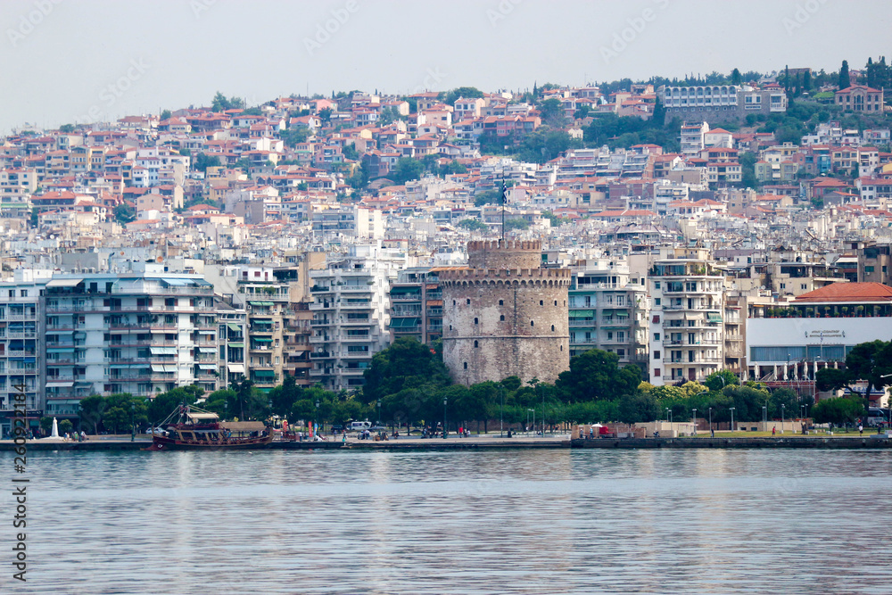 View to symbol of Thessaloniki white tower and seafront from mediterranean sea