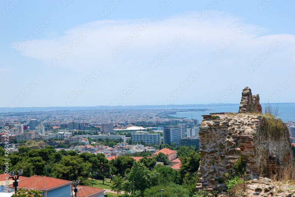 Scenic view to Thessaloniki and mediterranean sea from ruins of medieval city walls