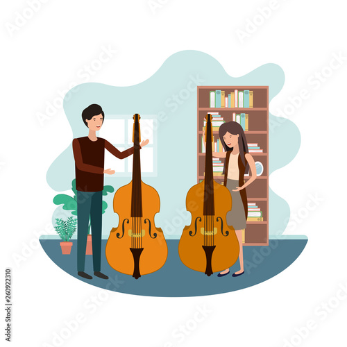 couple with musical instruments in living room