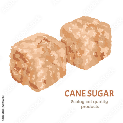Brown cane sugar cubes isolated on white background. Vector illustration of healthy organic sweets  in cartoon simple flat style.
