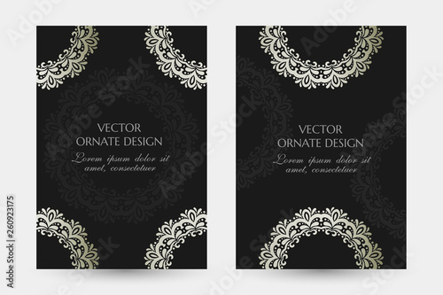 Silver classical motif. Luxury vertical posters with ornaments on the black background. Vector design with decorative elements and copy space for vip invitation, funeral cards and other.