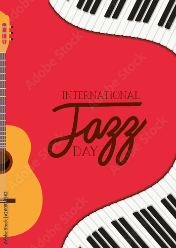 jazz day poster with piano keyboard and acoustic guitar