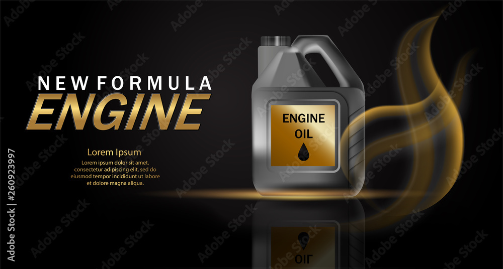Engine oil advertisement background. Vector illustration with realistic canister and motor oil on bright background. 3d ads template.