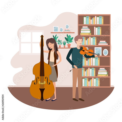 couple with musical instruments in living room