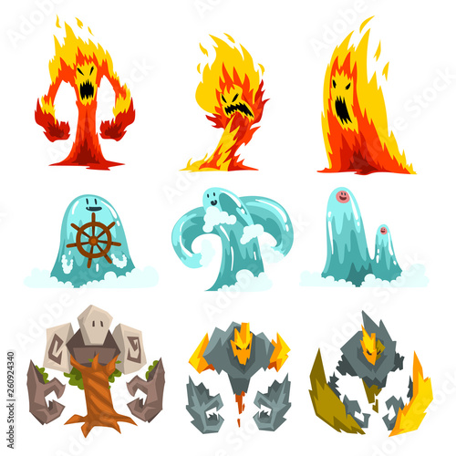 Fire, Stone and Water Monsters Set, Fantasy Mystic Creatures Cartoon Characters Vector Illustration