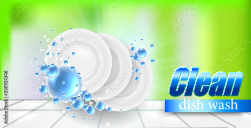 Realistic Dish on beautiful colored background and soap bubbles, dish wash illustration , template for design.