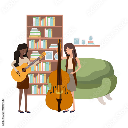 women with musical instruments in living room