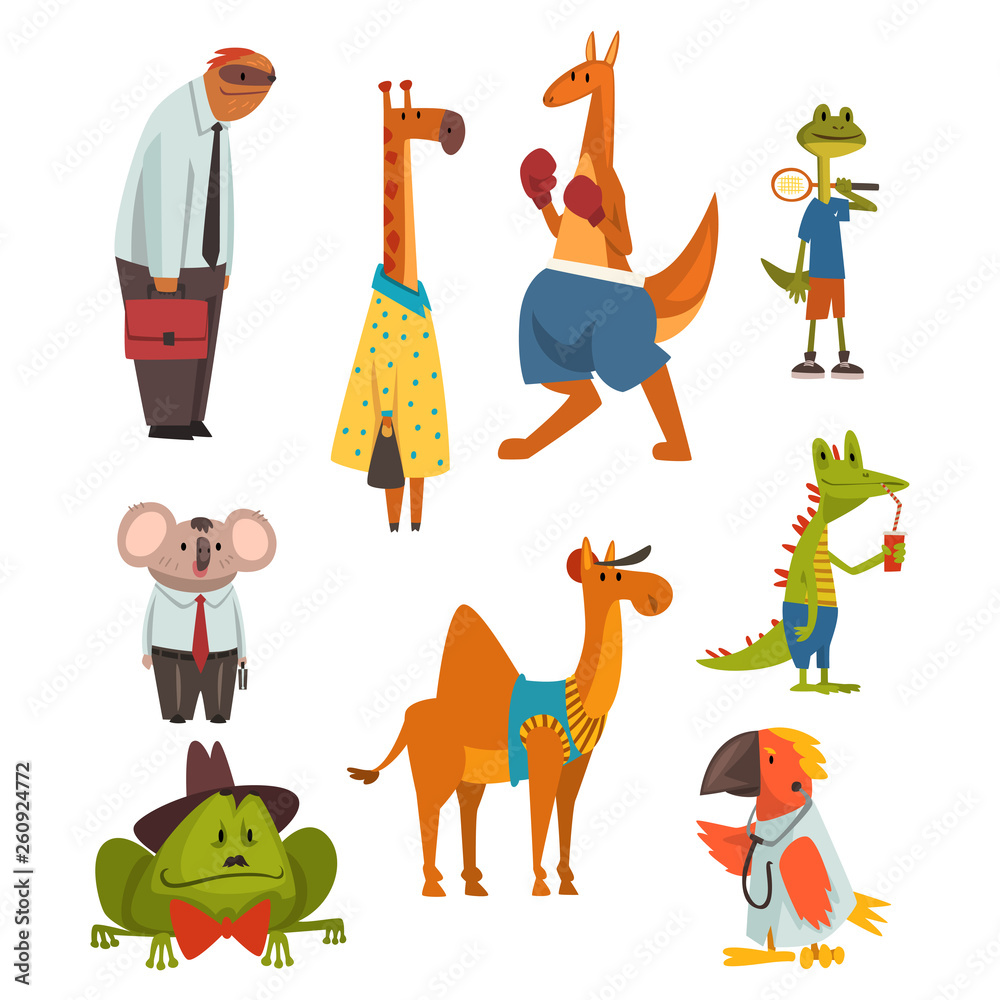 Animals of Different Professions Set, Sloth, Giraffe, Kangaroo, Frog,  Parrot, Coala Bear, Camel, Crocodile Humanized Animals Cartoon Characters  Vector Illustration Stock Vector | Adobe Stock