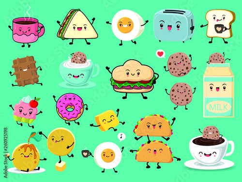 Vintage food poster design set with vector Taco, milk, egg, toaster, sandwich, bread, coffee, cake, cupcake, pancake, cookies character.
