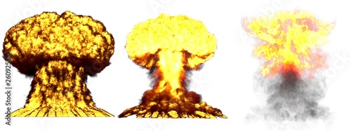 3D illustration of explosion - 3 big high detailed different phases mushroom cloud explosion of nuclear bomb with smoke and fire isolated on white