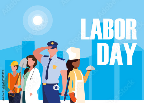 labour day with group professionals and cityscape