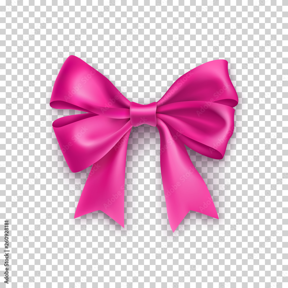 Pink ribbon bow with shadow isolated on transparent background. Realistic decoration for holidays events. Beautiful decor object from silk vector illustration. Christmas or birthday decoration