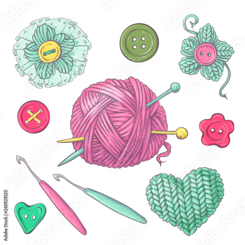 A set of knitted clothes clew knitting needles. Hand drawing. Vector illustration