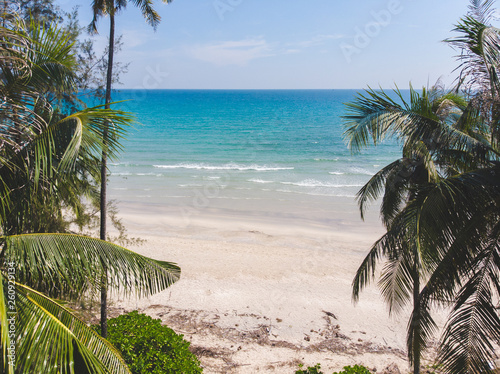 Paradise island. Sandy beach with palm and turquoise sea. Summer vacation and travel concept.