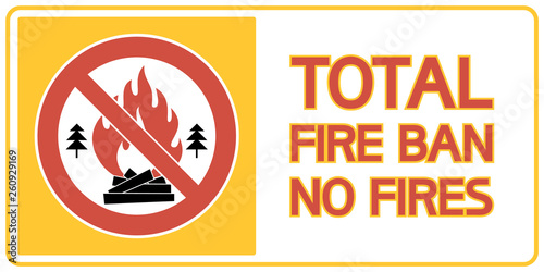 Total fire ban-no fires. Textual , illustration poster of a prohibiting type in a natural environment.