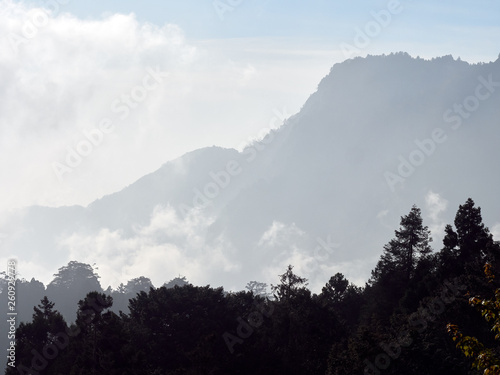 Clouds passing through mountain ranges and forest