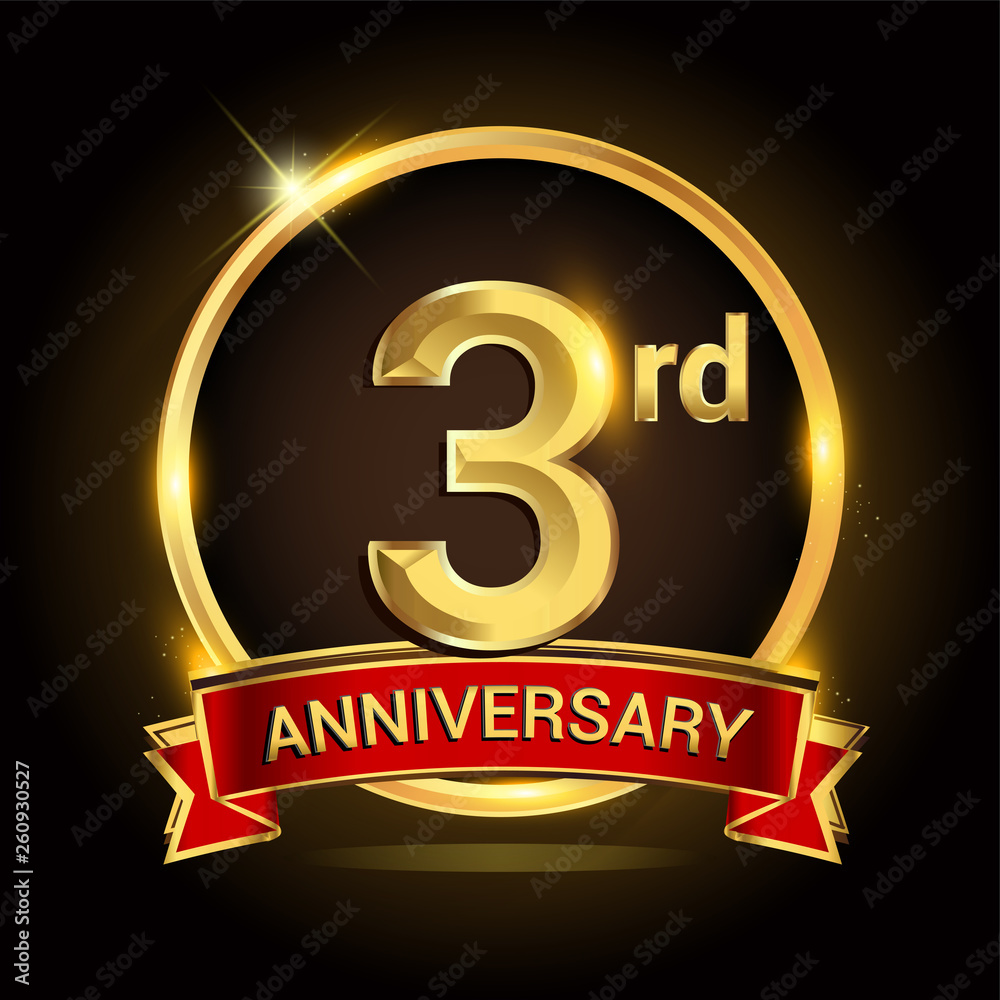 3rd golden anniversary logo with ring and red ribbon isolated on black background, vector design for birthday celebration, marriage, corporate, and your business. 3rd golden anniversary logo with ring and red ribbon isolated on black background, vector design for birthday celebration, marriage, corporate, and your business.