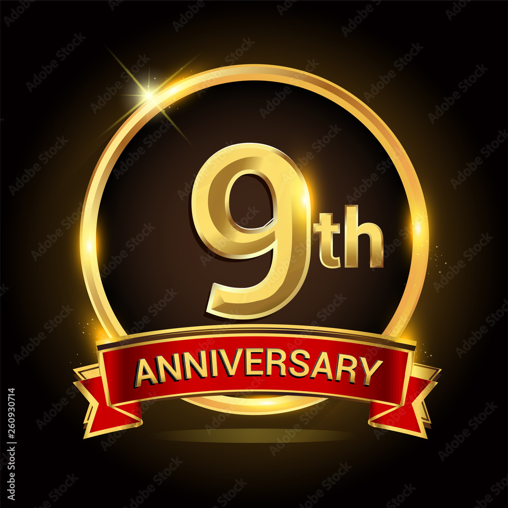 9th golden anniversary logo with ring and red ribbon isolated on black background, vector design for birthday celebration, marriage, corporate, and your business. 9th golden anniversary logo with ring and red ribbon isolated on black background, vector design for birthday celebration, marriage, corporate, and your business.