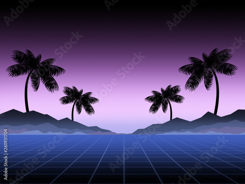 Fototapeta Naklejka Na Ścianę i Meble -  Synthwave and retrowave background template. Palms, sun and space in computer game. Retro design, rave music, 80s computer graphics and sci-fi concept.