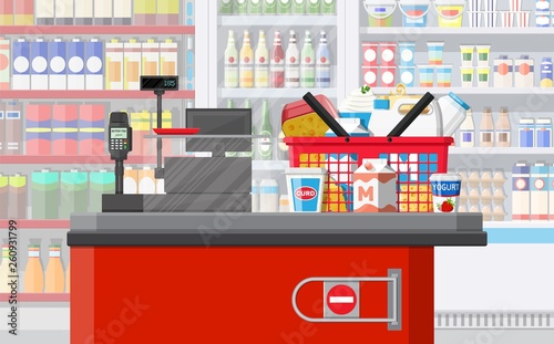 Milk counter in supermarket. Farmer shop or grocery store. Dairy products set collection of food. Milk cheese yogurt butter sour cream cottage cream farm products. Vector illustration flat style