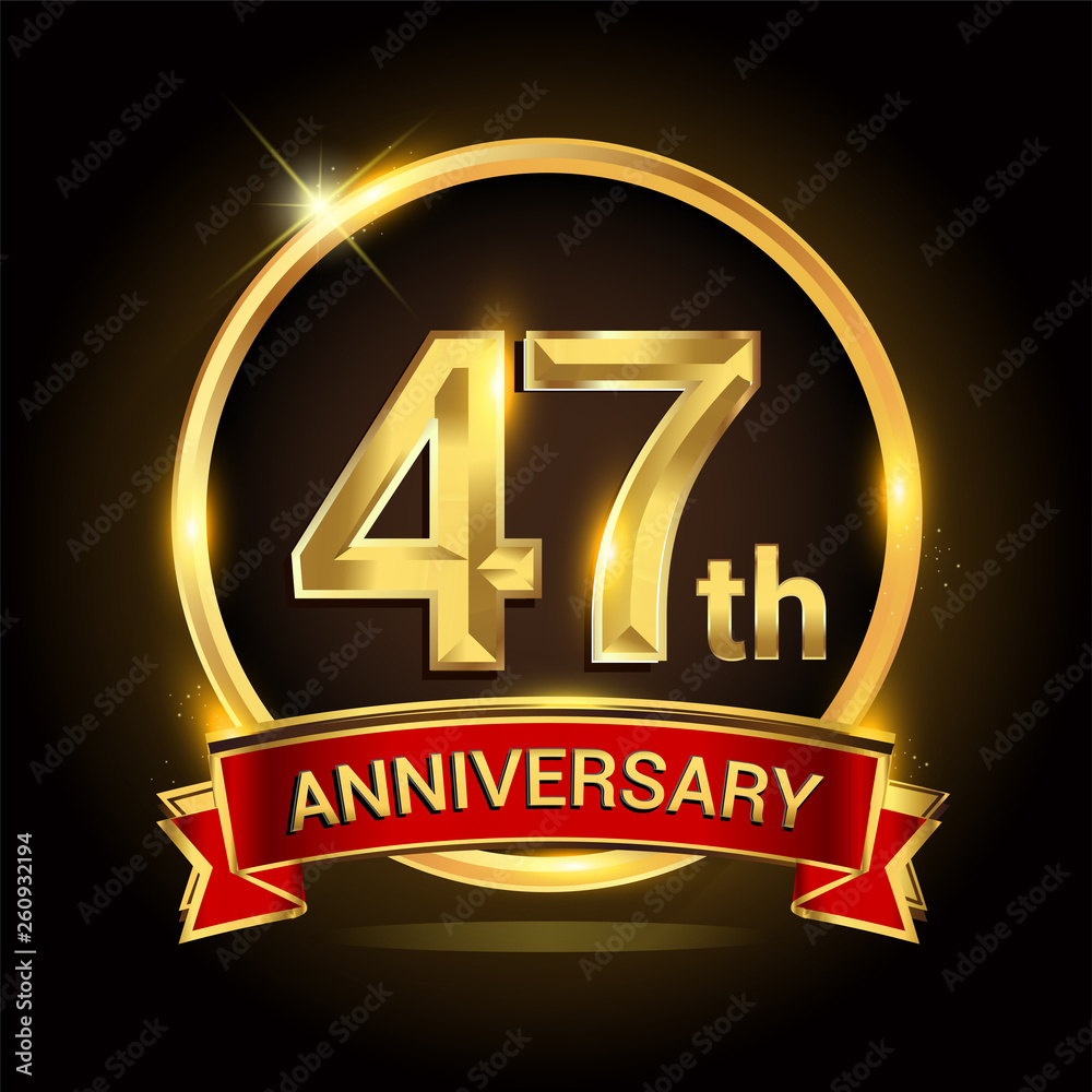 47th golden anniversary logo with ring and red ribbon isolated on black background, vector design for birthday celebration, marriage, corporate, and your business. 47th golden anniversary logo with ring and red ribbon isolated on black background, vector design for birthday celebration, marriage, corporate, and your business.