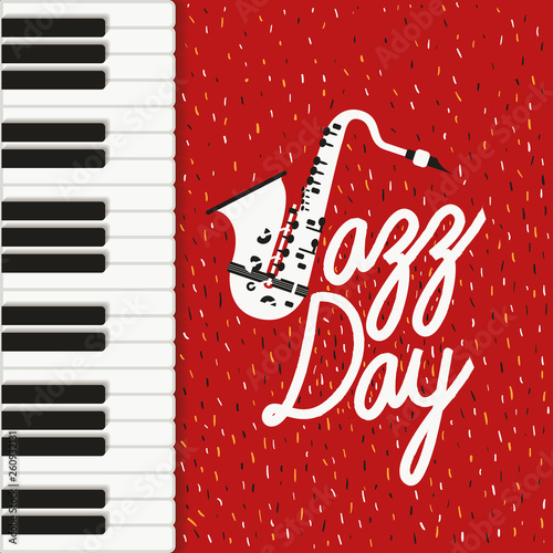 Photography jazz day poster with piano keyboard and saxophone