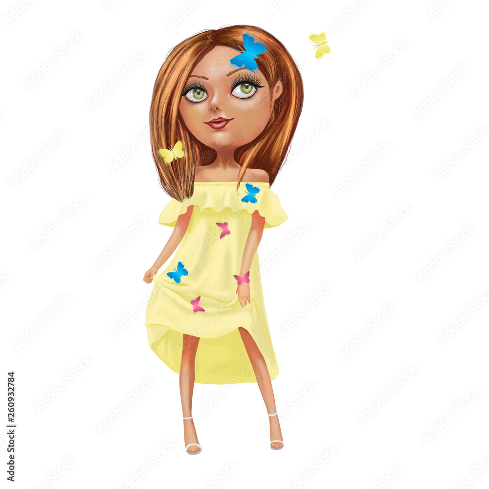 Cute cartoon girl in a yellow dress with butterflies. Illustration isolated on white background. Hand drawn sketch. Cute cartoon girl in a yellow dress with butterflies. Illustration isolated on white background. Hand drawn sketch.