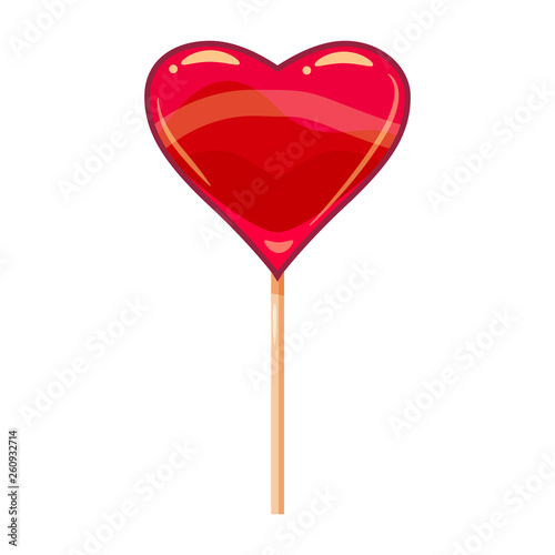 Heart shaped lollipop dessert icon on stick. Sweet food icon