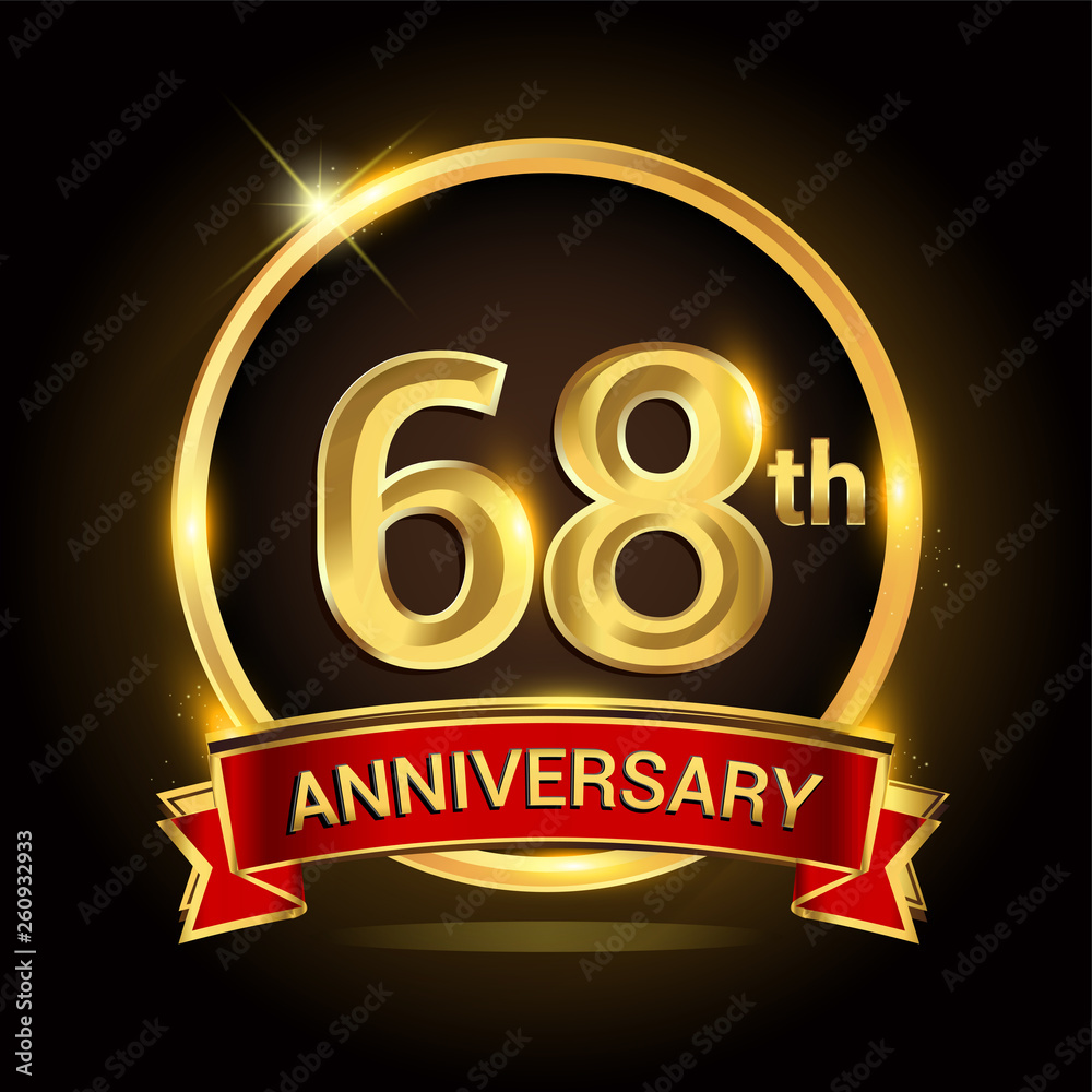 68th golden anniversary logo with ring and red ribbon isolated on black background, vector design for birthday celebration, marriage, corporate, and your business.