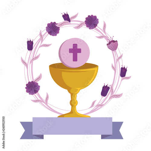 first communion in chalice with floral crown