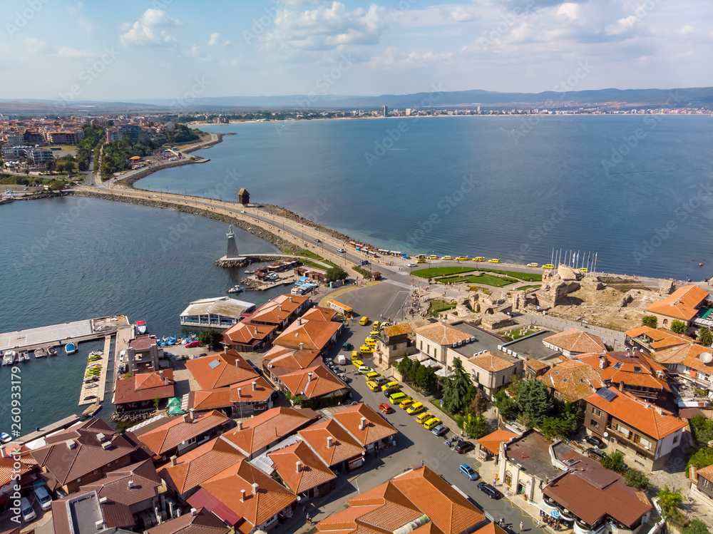 Aerial drone view of Nessebar, ancient city on the Black Sea coast of Bulgaria