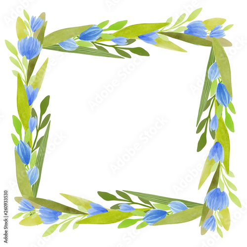 Watercolor frame with blue flowers and green leaves. Botanical illustration for invitations, greeting cards, covers and other items.