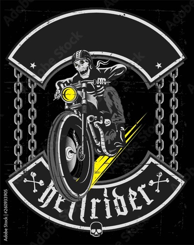 Hand drawing of skull riding vintage motorcycle - Vector