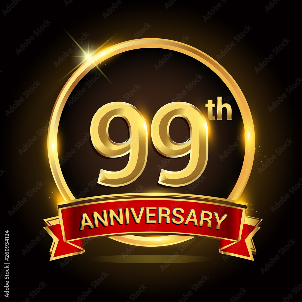 99th golden anniversary logo with ring and red ribbon isolated on black background, vector design for birthday celebration, marriage, corporate, and your business. 99th golden anniversary logo with ring and red ribbon isolated on black background, vector design for birthday celebration, marriage, corporate, and your business.